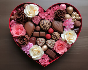 Heart Shaped Chocolate Gift Box with sweets and roses