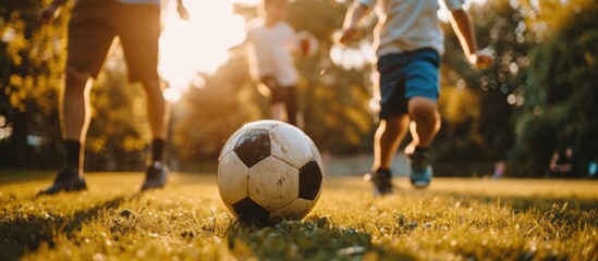 Selective focus on fathers watching their sons and kids playing soccer and football.