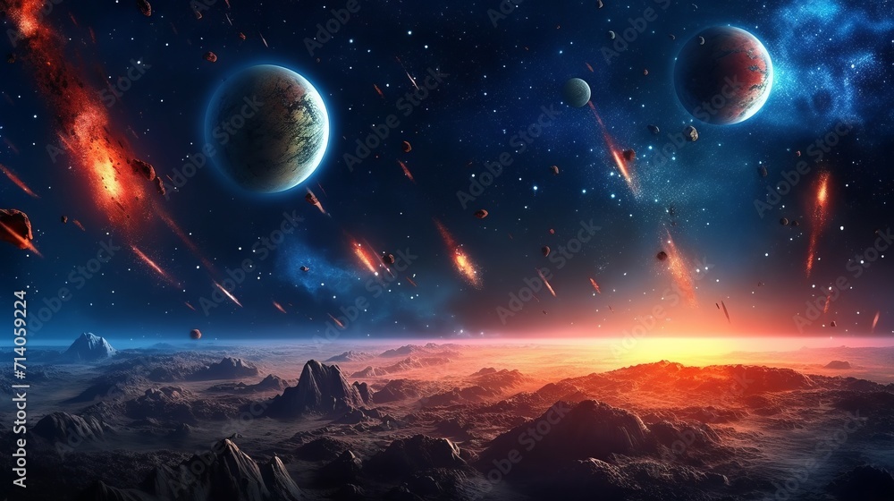 Wall mural meteor shower in the night sky over the silhouettes of mountains against the backdrop of sunset.