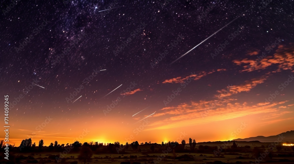 Wall mural meteor shower in the night sky over the silhouettes of mountains against the backdrop of sunset.