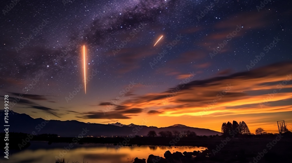 Wall mural meteor shower in the night sky over the silhouettes of mountains against the backdrop of sunset.