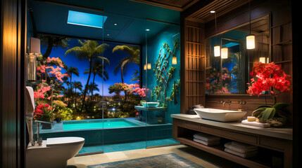 Tropical Luxury Bathroom: A Modern Interior with Exotic Vibes and Relaxing Ambiance.