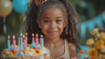 Small beautiful black girl is celebrating her birthday with cake and candles at home. Isolated. Happy childhood concept. Selective focus