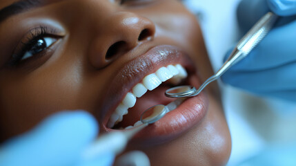 Dentist equipments, blue gloves and mouth of young black girl with white teeth as tooth care concept. Selective focus. Dentist examination