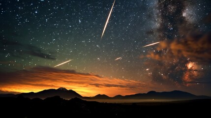 Meteor shower in the night sky over the silhouettes of mountains against the backdrop of sunset.