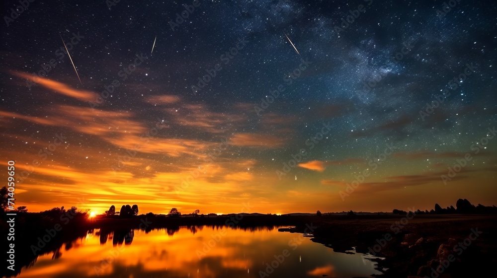Wall mural starfall against the backdrop of the sunset sky over a quiet river surface