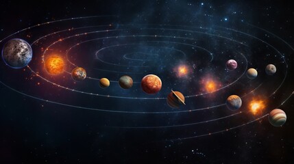 An image of the solar system showing the Sun and planets aligned in their orbits against a starry sky