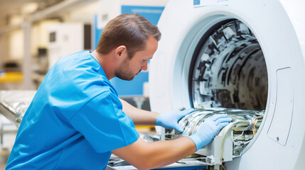 A hospital researcher performs routine maintenance on an MRI scanner. Generative AI