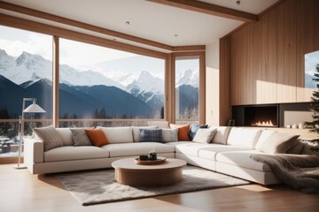 Interior home design of modern living room with corner sofa and table in a wooden room with a view outside the window of a winter snow mountain landscape