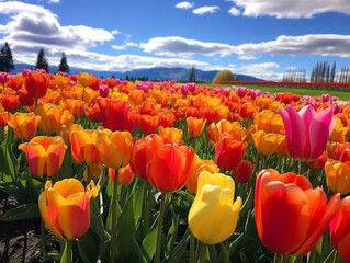 An artistic, high-definition photograph capturing the vibrant beauty of blooming tulip fields in spring.