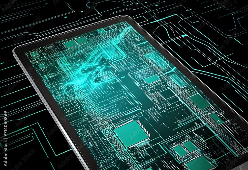Poster a vibrant image of a virtual metropolis appearing on a tablet screen, illustrating advanced technolo