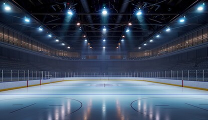 Illuminated hockey rink ready for game - empty seats, bright lights, professional sports arena - obrazy, fototapety, plakaty