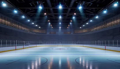 Fotobehang Illuminated hockey rink ready for game - empty seats, bright lights, professional sports arena © Яна Деменишина