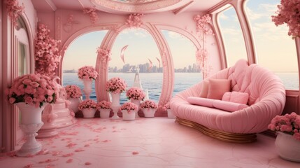 Pink Boat and Cloud Wedding Room Wallpaper and Design, Generative AI