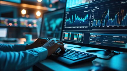 analyst uses computer and dashboard for data business analysis and Data Management System with KPI and metrics connected to the database for technology finance, operations, sales, marketing