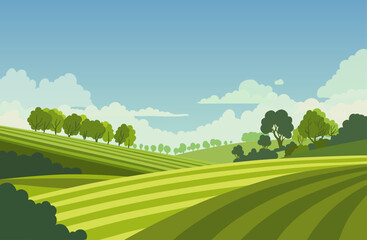 Cartoon vector illustration of lush green fields. Vibrant colors and playful background, natural and versatile landscape design.