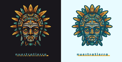 Maya traditional mask vector logo. Aztec culture face illustration design isolated on background, symbol of mexican ancient religion icon art