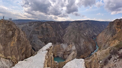 Russia. North-eastern Caucasus. The Republic of Dagestan. A dizzying panoramic view of mountain...