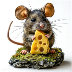 A realistic portrayal of a mouse enjoying a tasty bite of Swiss cheese, presented with detailed texture and natural elements.