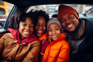 A happy black family in a car, on a business trip or just on a family vacation