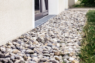 French Drain Stones Floor Outside, Modern Drainage Gravel Floor for Storm Water Rainwater around...