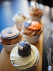 viking birthday party theme, selective focus on cupcakes