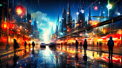 Fototapeta na wymiar Woman with Umbrella Walking Alone in a Fantasy Cityscape Painting.