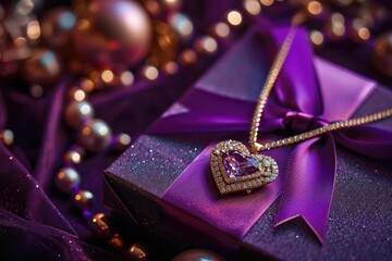 Sparkling Necklace, Love Note, and Gift Box in Luxurious Gold and Deep Purple Copy Space