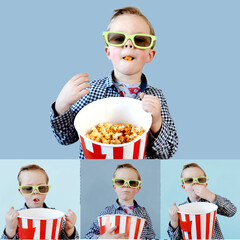 Obraz premium Cute fun kid baby boy 4 year old in red t-shirt holding bucket for popcorn