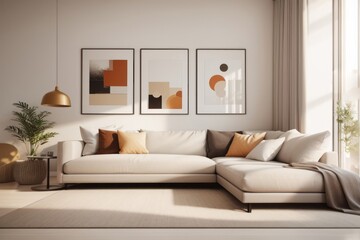 japandi interior home design of modern living room with beige sofa and table with abstract art poster frame on beige wall