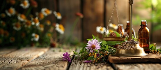 Using brass weighing scales and essential oil bottles, prepare herbs and flowers for natural plant-based skin treatment. Treat eczema, psoriasis, and acne with natural plant medicine on rustic wood.