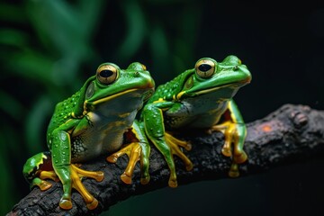 Obraz premium two green frogs on a tree branch with dark background