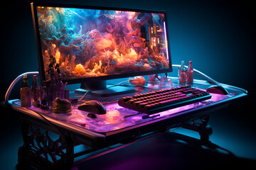 laptop and desktop with rgb lighting on the desk in the background, futuristic , gaming style on generative AI - obrazy, fototapety, plakaty