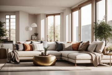 Farmhouse interior home design of modern living room with corner sofa and table decorated with plants near the window