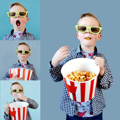 Obraz premium Cute fun kid baby boy 4 year old in red t-shirt holding bucket for popcorn