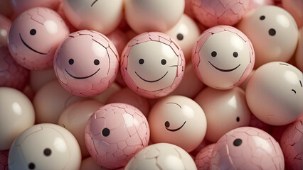 group of spherical red and cream smiley faces made of shiny plastic forming an extended background