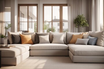 Fototapeta premium Farmhouse interior home design of modern living room with corner sofa and table decorated with plants near the window