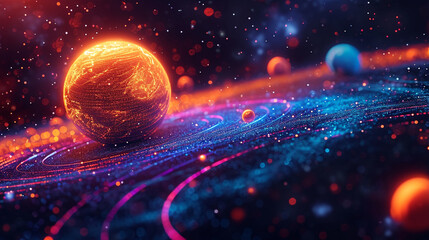 Neon black light sgraffito solar system 3d illustration