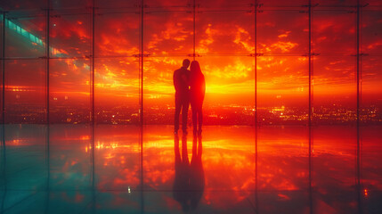Fototapeta na wymiar a silhouette of a hugging couple at an airport terminal during sunset. AI generative