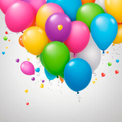 White background, colorful balloons at the top. Space for text. Greeting card, invitation. generative ai