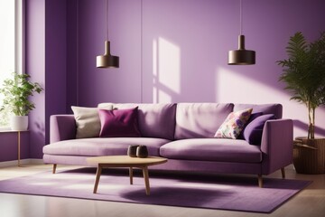 Interior home design of modern living room with purple corner sofa and plant decoration with purple wall near the window