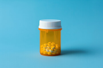 Prescription bottle filled with yellow pills on a blue background, representing medication, healthcare, and pharmaceutical concepts with space for text.