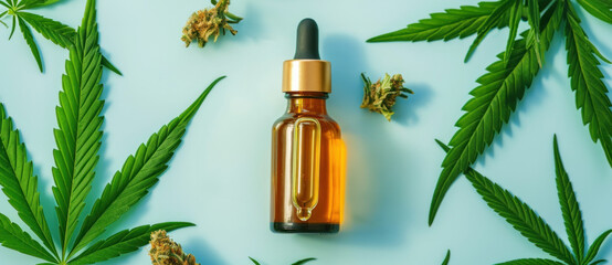 Glass bottle with dropper surrounded by cannabis leaves and buds on a blue background, showcasing CBD oil products. Banner with copy space. - obrazy, fototapety, plakaty