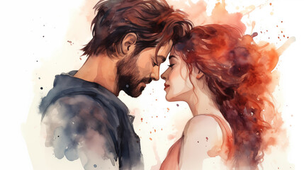 Emotional and Romantic Watercolor Illustration of a Loving Couple - obrazy, fototapety, plakaty