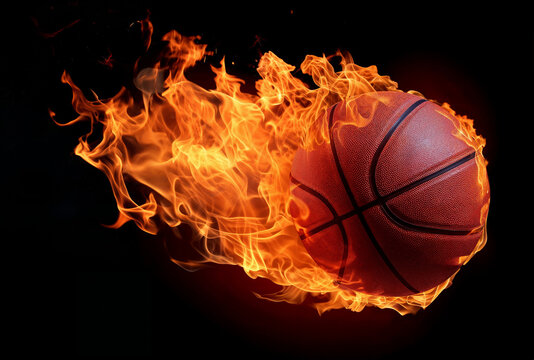 A basketball on fire, isolated on black background, Dynamic Action Shot with Burning Flames