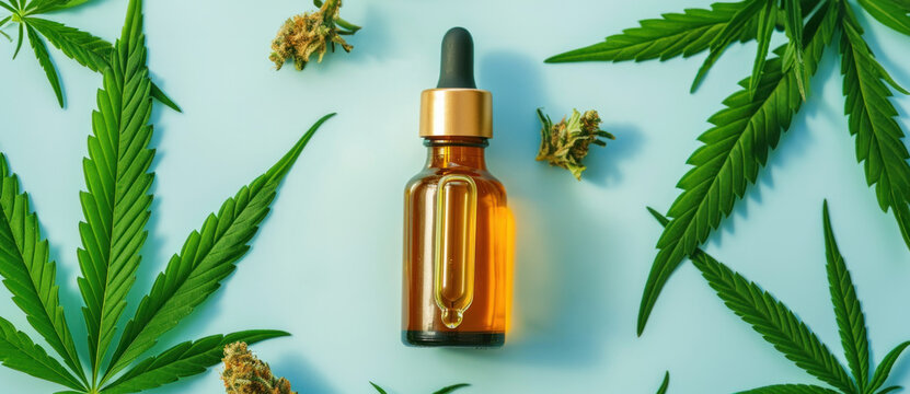 Glass Bottle With Dropper Surrounded By Cannabis Leaves And Buds On A Blue Background, Showcasing CBD Oil Products. Banner With Copy Space.