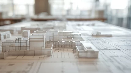 Deurstickers Detailed Architectural Model and Blueprint Plans on Designer's Workspace © Wahyu
