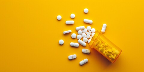 White tablets and pills scattered out of bottle on yellow background, banner, copy space. Concept: drugs, medicine, healthcare, pharmaceuticals - obrazy, fototapety, plakaty