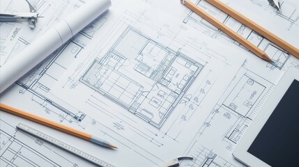 Architectural Blueprints with Tools on Drafting Table