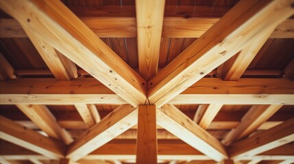 Warm Wooden Ceiling Beams of Cozy Cabin Interior